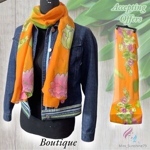 Boutique NEW - floral pattern transparent lightweight scarf in a bold orange